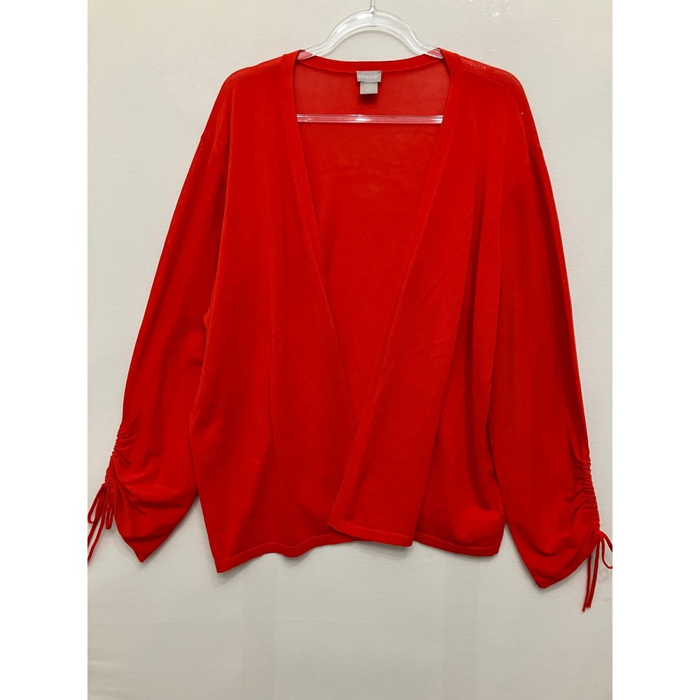 Chico's Cardigan Size 4/XXL Red Orange Open Front Cinched Drawstring Sleeve Knit